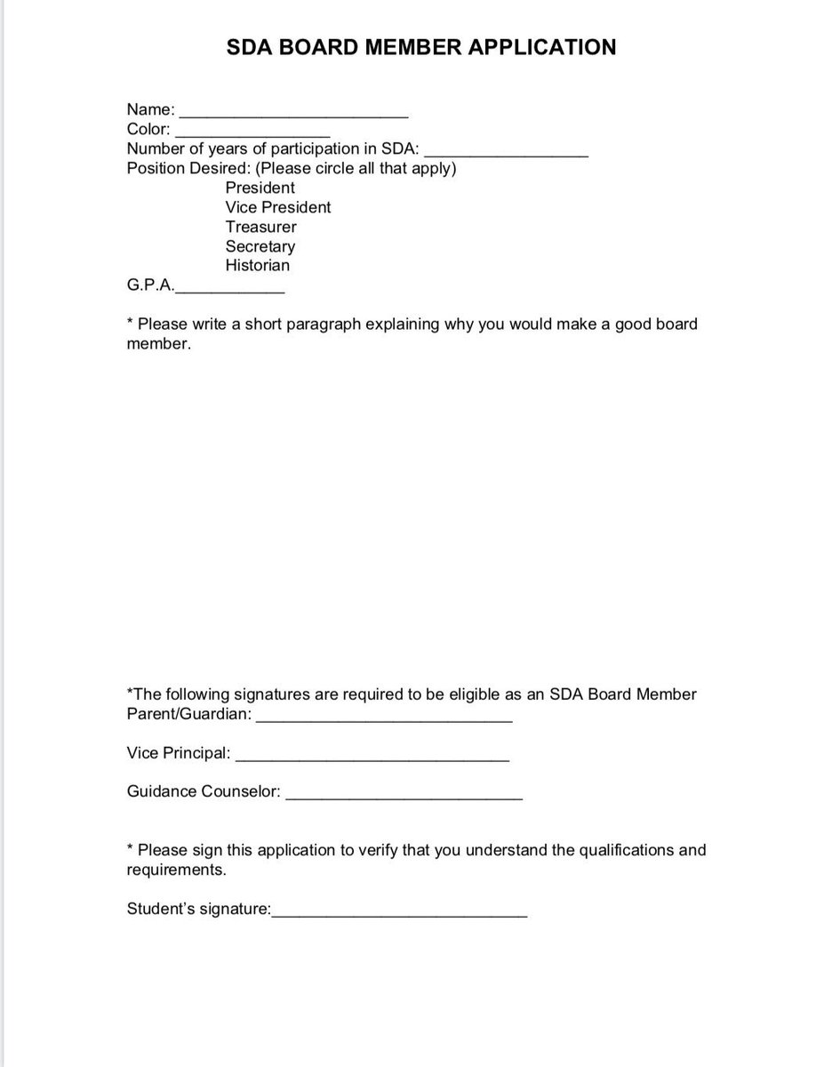 WayneValleySDA's tweet photo. Interested in joining the 2019-2020 SDA Board next year? We will be holding interviews on Wednesday June 19th after school in room 214.  The attached document and signatures are mandatory and to be turned in by June 14th!  Please hand the completed application in to Ms. Quintino! https://t.co/CaXgyELIEp