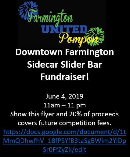 FarmUnitedPom's tweet photo. Come support Farmington United pom at its first fundraiser at sidecar slider bar!! 💙💚💛 https://t.co/aPy6PF3ivy