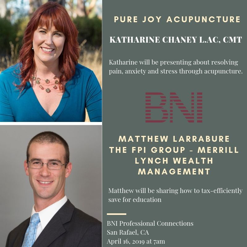 BNIsanrafael's tweet photo. Join us this Tuesday, June 4th at 7am for two fantastic presentations by these members: Katharine Chaney of Pure Joy Acupuncture &amp; Matthew Larrabure of the FPI Group - Merrill Lynch Wealth Management. https://t.co/IHiOv7cP7x