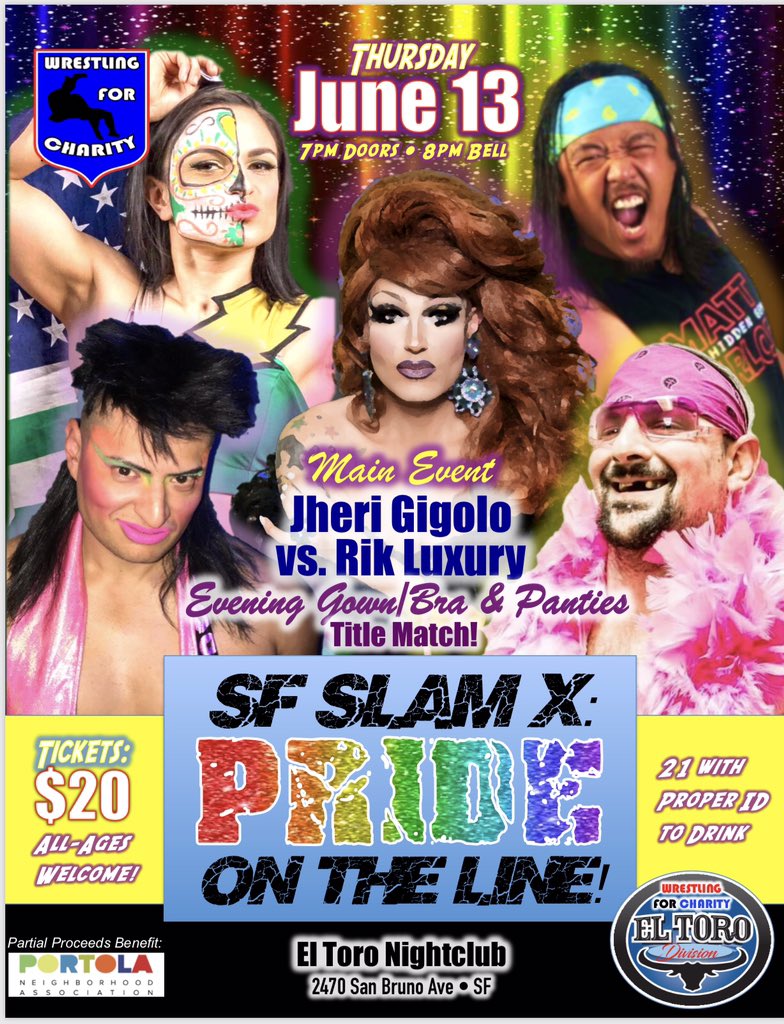 TheGlamazonPDM's tweet photo. How sexy is this ad for the June 13 @WFCwrestling show at SF’s El Toro Nightclub?! Don’t miss #SFSlamX #PrideOnTheLine. Help us celebrate #LGBTQ #PrideMonth with an #OnlyInSanFrancisco event. https://t.co/ItwVnZLdF5