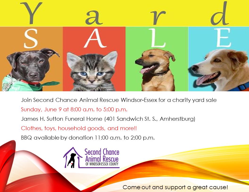 scarescue's tweet photo. Join @scarescue this Sunday, June 9 for a yard sale starting at 8am at James H. Sutton Funeral Home in Amherstburg! #AdoptDontShop #Rescue #RescueDogs #YQG #YardSale https://t.co/7GzW4Vh4Fd