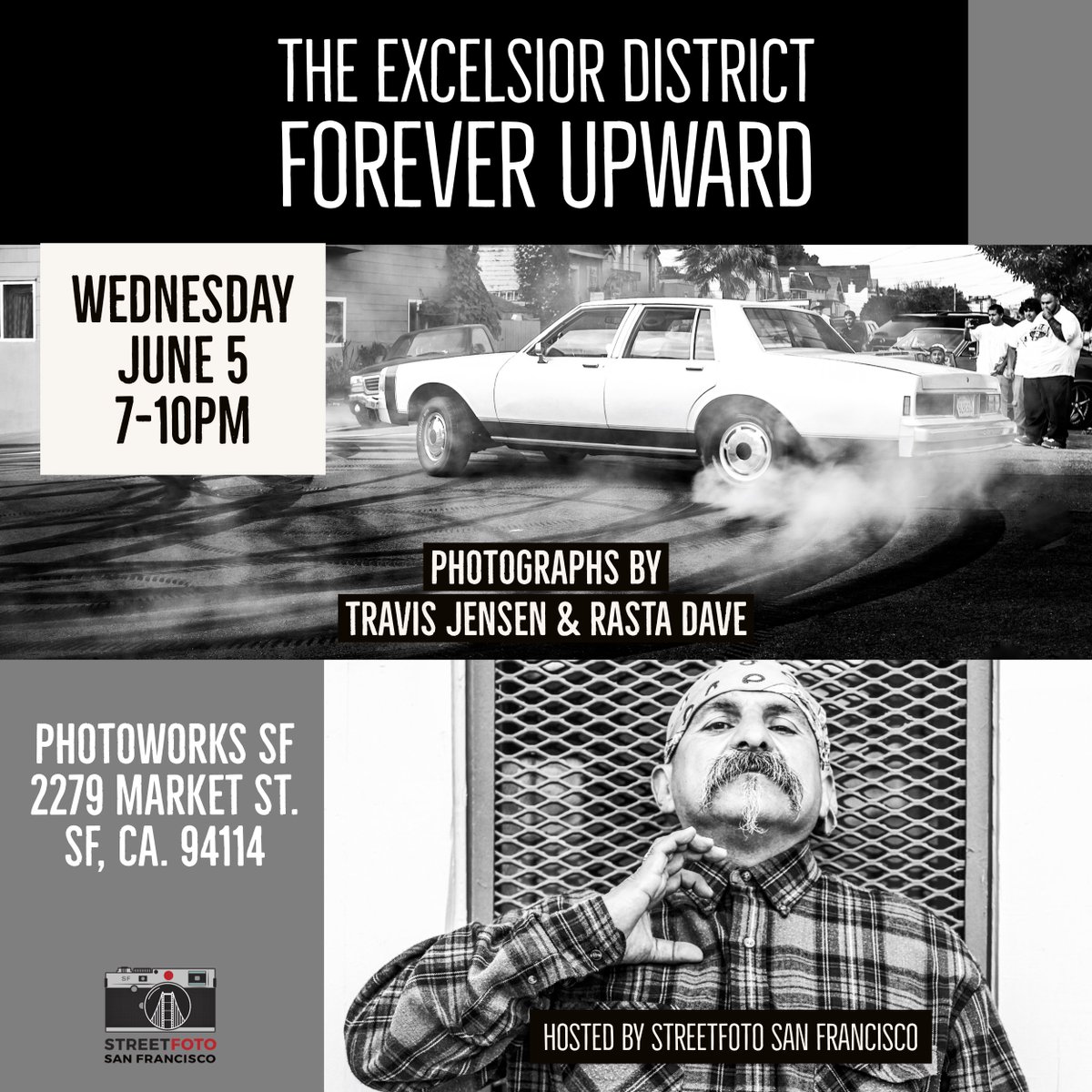 Excited for the "Excelsior District: Forever Upward" photo show opening <a href="/PhotoworksSF/">Photoworks SF</a> this Wednesday (6/5), 7-10pm! Me &amp; Rasta Dave are showing 100 photos! Special thanks to <a href="/streetfotosf/">StreetFoto SF</a> for hosting us in conjunction w/ the 2019 SF International Street Photography Festival.