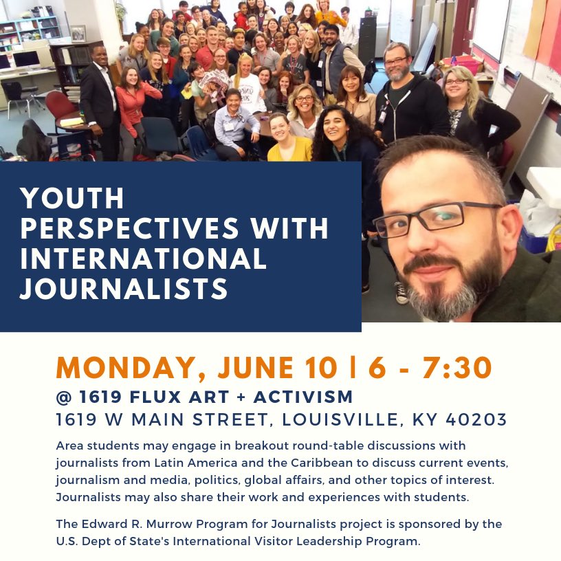 Please join us <a href="/1619_FLUX/">1619Flux Art Gallery</a> Mon, June 10th 6pm - 7:30pm for a special event with <a href="/WorldAffairsKY/">World Affairs Council of Kentucky & So. Indiana</a>! Area students may engage in breakout round-table with journalists from Latin America and the Caribbean to discuss current events, journalism/media, politics, global affairs, and more!