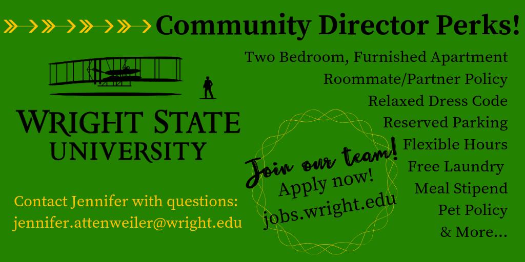 JenAttenweiler's tweet photo. Come work @WSUHousing! We are recruiting for the 2019-2020 academic year! Apply ASAP! #livewright #joinourteam #WrightStateRightSchool #wrightstate #HigherEdJobs https://t.co/9bCKftYxOb