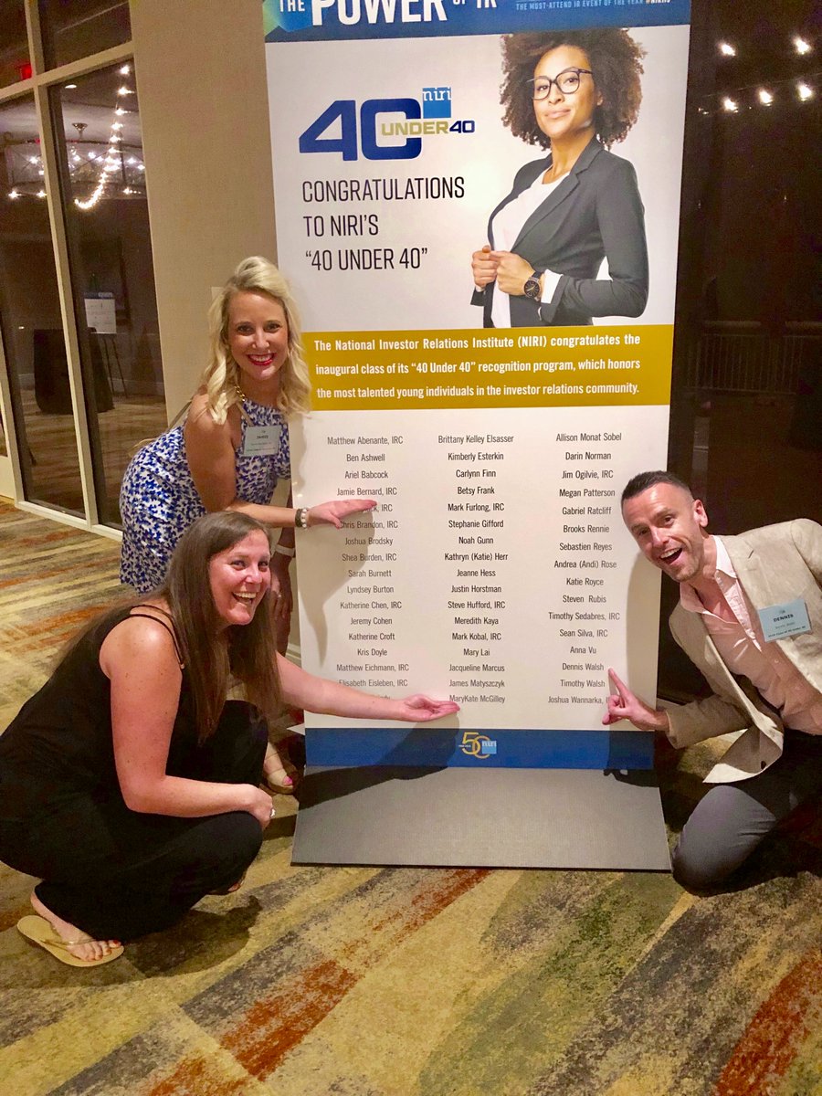 SharonMerrillIR's tweet photo. Congratulations to @SharonMerrillIR Senior Associate Jamie Bernard, IRC and former Sharon Merrill team member and current Zillow Investor Relations Director Dennis Walsh on being named to NIRI’s Inaugural 40 Under 40 class!    #40under40  #NIRI19 #IRchat https://t.co/pckCYKk4xB