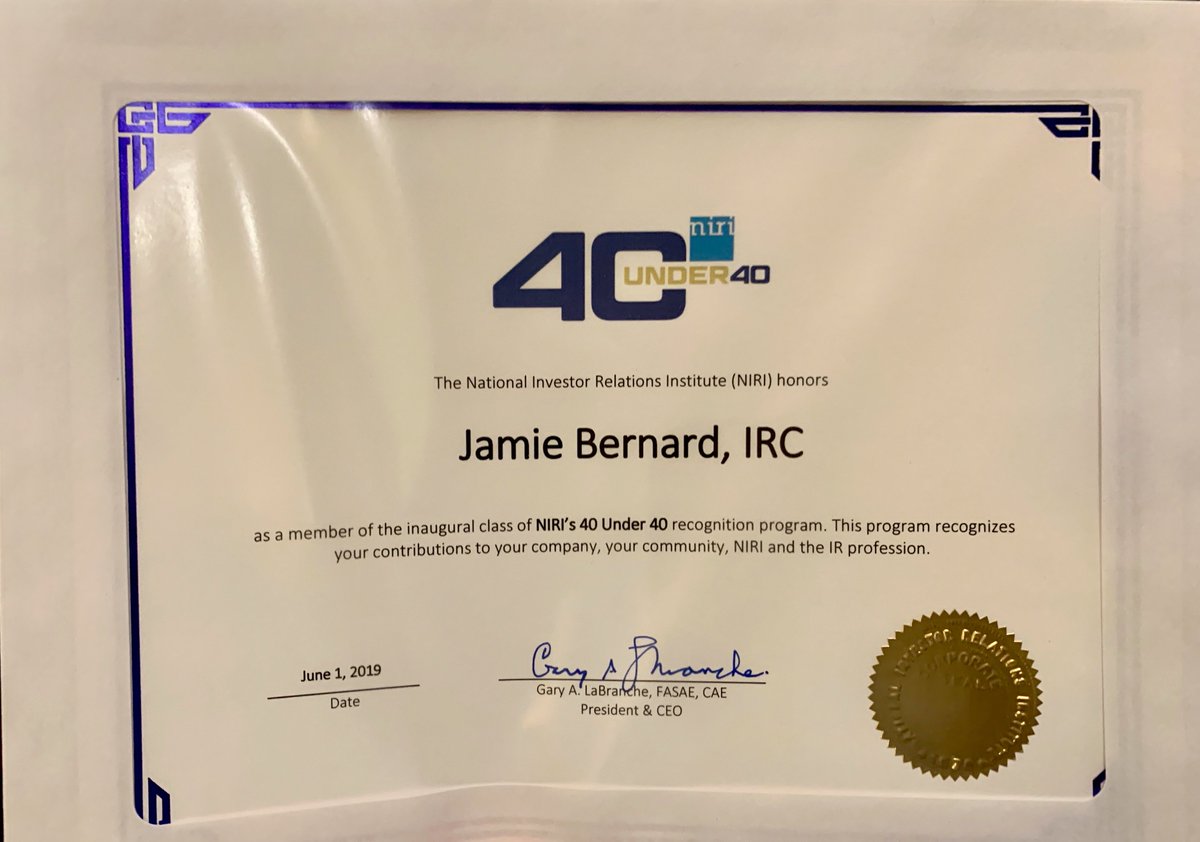 SharonMerrillIR's tweet photo. Congratulations to @SharonMerrillIR Senior Associate Jamie Bernard, IRC and former Sharon Merrill team member and current Zillow Investor Relations Director Dennis Walsh on being named to NIRI’s Inaugural 40 Under 40 class!    #40under40  #NIRI19 #IRchat https://t.co/pckCYKk4xB