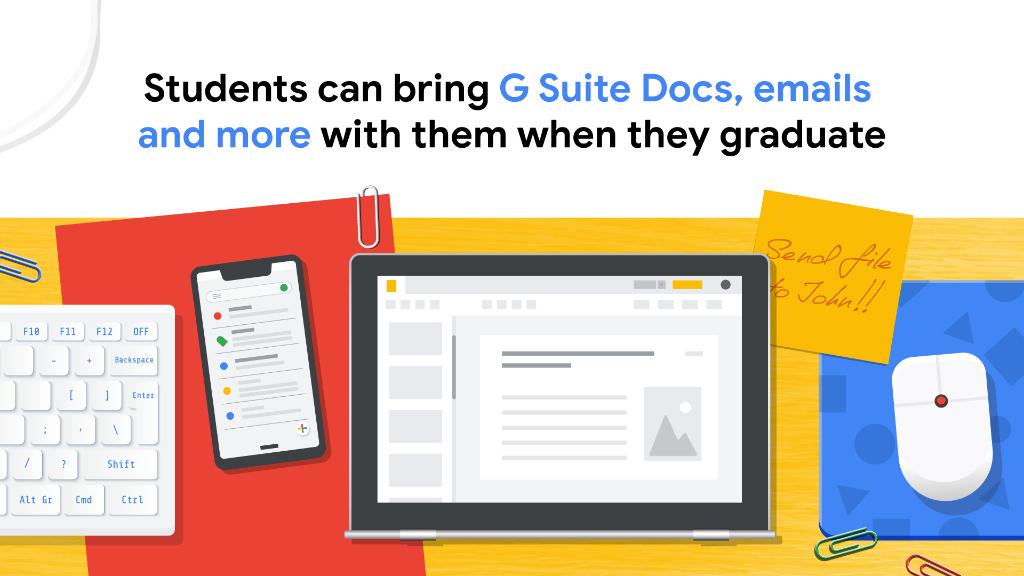 GoogleForEdu's tweet photo. #DYK students can take their work with them when they graduate? 🎓 With Google Takeout, #GSuiteEdu admins can allow users to transfer copies of their documents and emails to another Google Account. Learn more: https://t.co/zMSkKoR2LK https://t.co/jO3kA0coUU