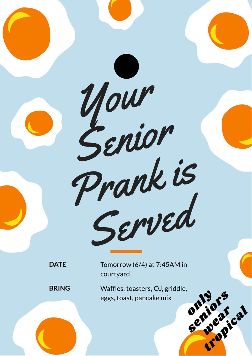 ❗️SENIORS❗️
PLEASE BRING WHAT YOU CAN TO ENSURE A GREAT TIME 💙❤️
DON’T FORGET TO WEAR TROP OUT ATTIRE 🌴🌞🌼🌺 #LASTDAY #WEOUT #B19TH1N9SCOMING