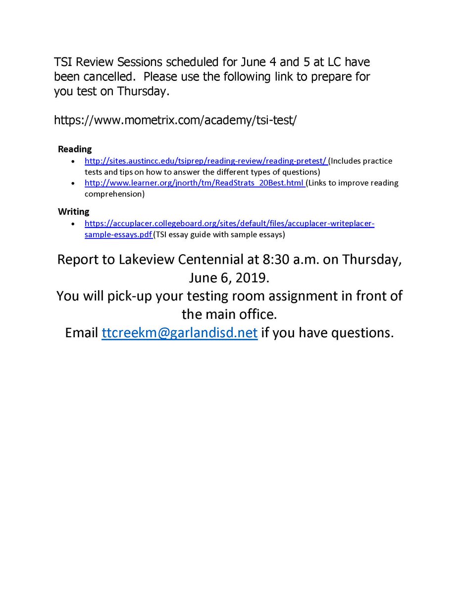 Class of 2023 TSI test is on Thursday at 8:30 am, but Review Sessions are cancelled.