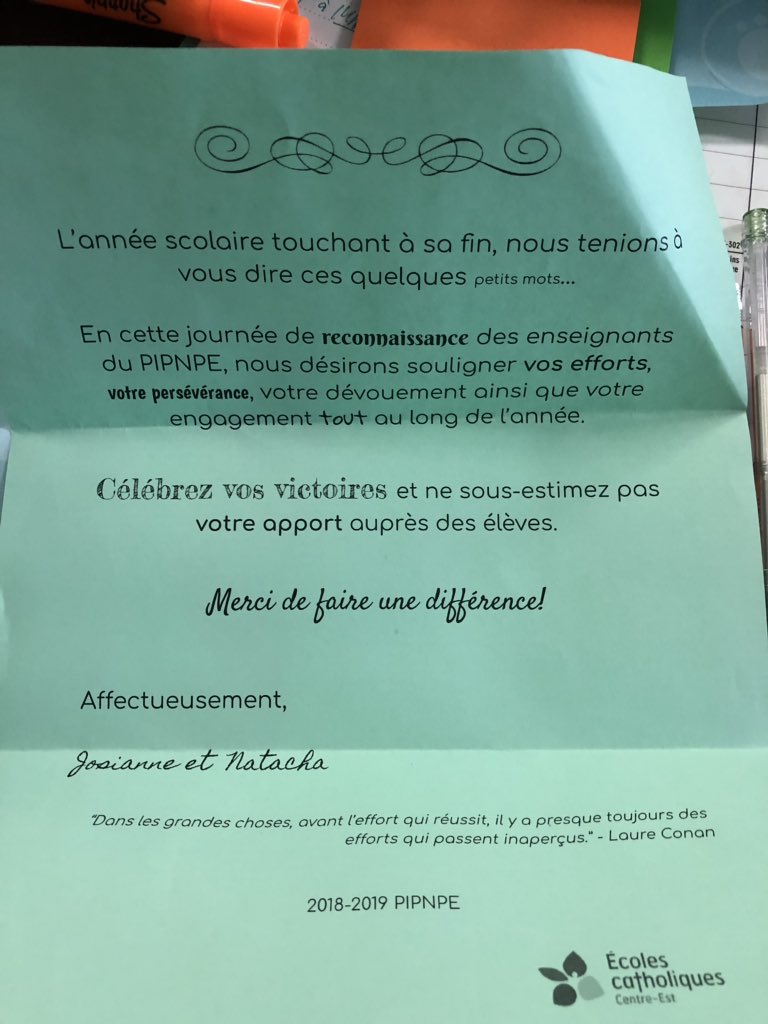VincentBrgrn's tweet image. Merci @Josianne_Ville et Natacha de m’avoir apporté cette lettre écrite dans le cadre du #PIPNPE @Franco_Cite, surtout avec la journée que j’ai eue aujourd’hui! Ça renforce le choix que j’ai fait de devenir enseignant! Les biscuits étaient D-É-L-I-C-I-E-U-X!