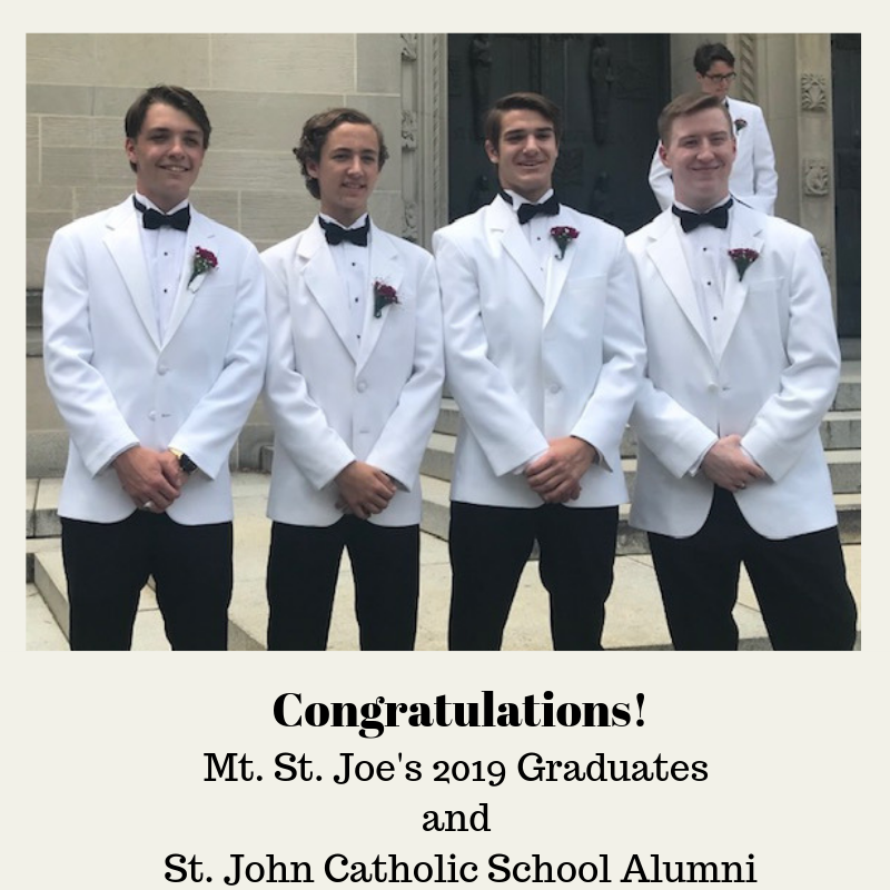 SJSwestminster's tweet image. Congratulations!! Mount St. Joe's 2019 Graduates and
St. John Catholic School Alumni:
Greg Keidel, Addy Jenkins, Andrew Arnold, Jeffrey Sheubrooks
#SJWESTproud #AOBCatholicSchools #RiseAbove
@msjgaels