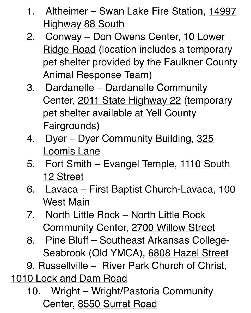 PLEASE SHARE! Updated List of Arkansas Shelters for Flood Victims:
 #ARflood19