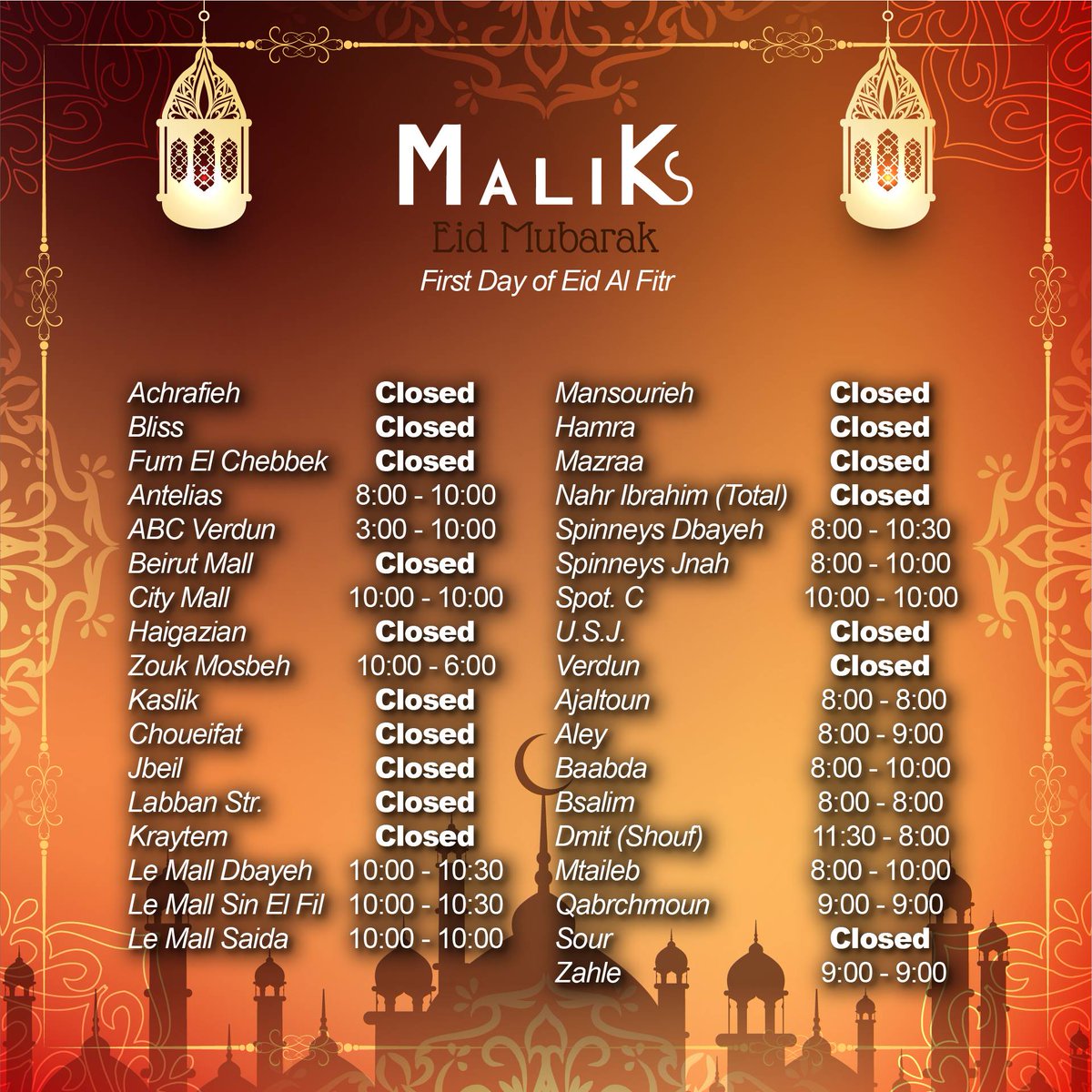 Here's our Opening Schedule for the first day of Eid Al Fitr!