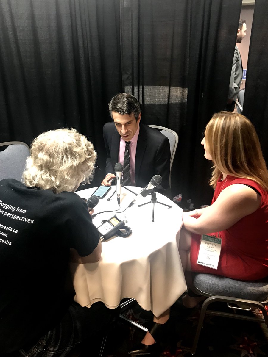 @christyholtby, VP @GiveToUHF, with Adam Marsella, @NovoNordiskCA, in the media room at the Pennsylvania Convention Centre being interviewed by Mike Spear, @GenomeAlberta. Stay tuned! #BIO2019 #EhCanada