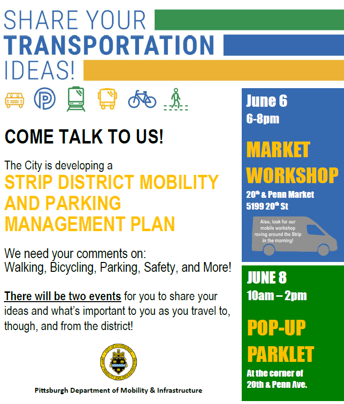 Do you walk/bike/ride/drive in the Strip District? We're hosting TWO public meetings this week and want to hear from you about mobility and parking in the Strip. Hope to see you THIS Thursday or Saturday! #StripTrip

facebook.com/events/2400042…