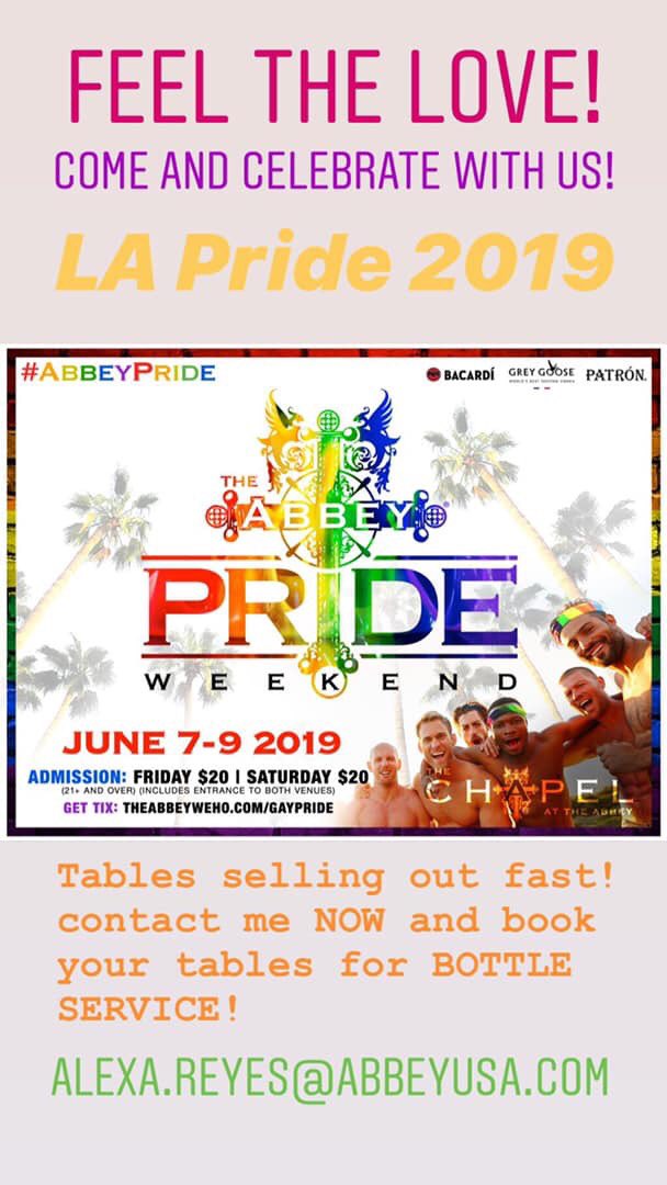 Get your table <a href="/TheAbbeyWeHo/">The Abbey 🏳️‍🌈</a> they are going fast! Contact Alexa below! Happy Pride!