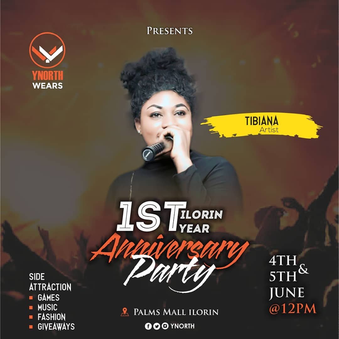 ynorthwears's tweet photo. Come watch @tibi_tibiana perform at the #Ynorthilorin1stAnniversary 

The Party is getting bigger. 
Come to the @thepalmsmall ilorin to enjoy Good Music.

This Event is packaged by @sharemyflyers

You can't afford to sit this one out. 
Cc: @tibi_tibiana https://t.co/pw6deP8Cij