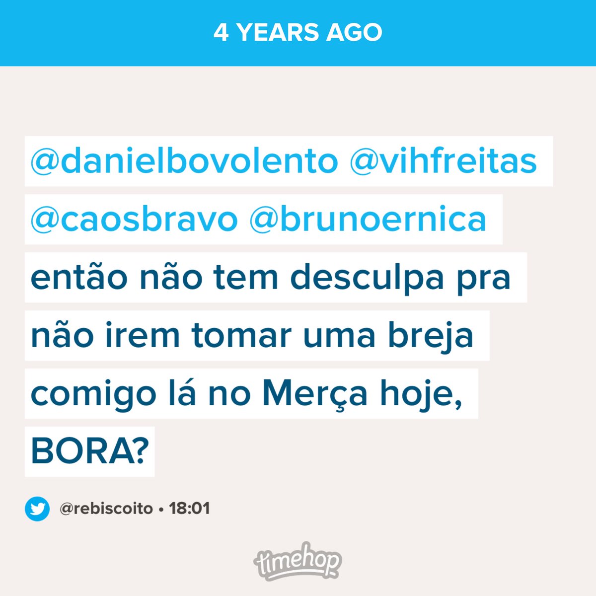 Quando a gente ainda marcava role pelo Twitter... saudade! (Mentira haha acho que essa tentativa de breja nem rolou, né ⁦<a href="/danielbovolento/">Daniel Bovolento 🏳️‍🌈</a>⁩ ⁦<a href="/caosbravo/">caosbravo</a>⁩ ⁦<a href="/vihfreitas/">bolsinha da miley</a>⁩ ⁦<a href="/brunoernica/">Bruno Érnica</a>⁩?)