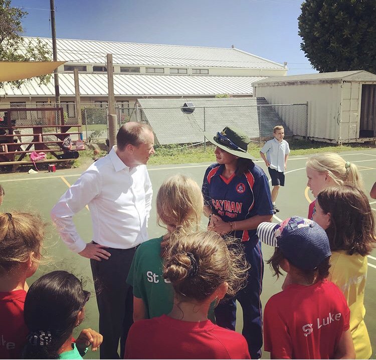 cayman_cricket's tweet photo. Repost from CI governor: spent time this afternoon with the children from St Ignatius and Sania Iqbal Khan who is working hard to increase the number of female cricketers on the island - such a great initiative #caymancricket @iccamericas @ICC https://t.co/wrYjBuqZBX