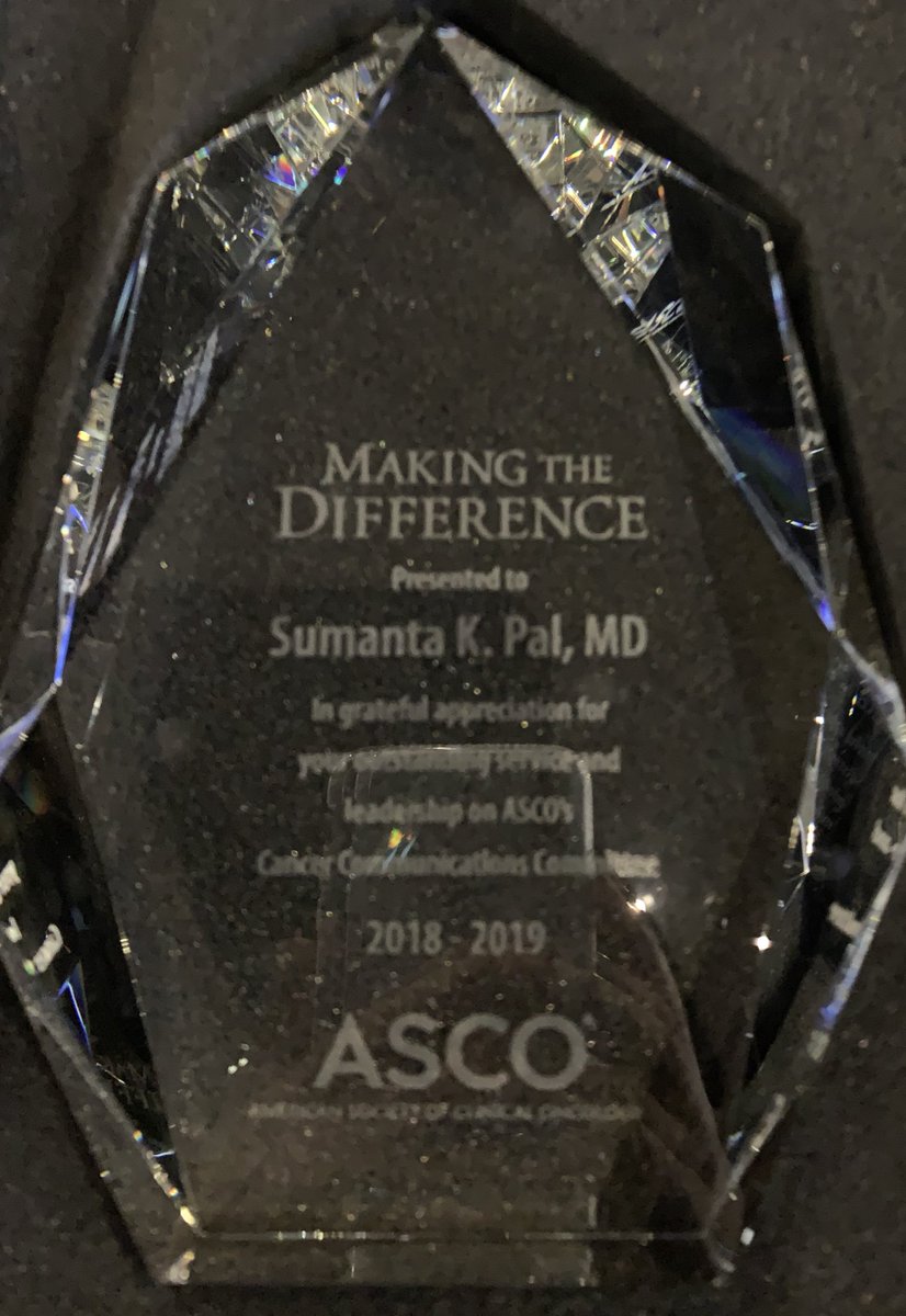Proud of <a href="/montypal/">Sumanta K. Pal, MD, FASCO</a> - I can tell you that his passion for supporting <a href="/ASCO/">ASCO</a> and it’s mission is unmatched. I am aware of the many hours he put into his role as Chair of the Communications Comte. I know he will be sleeping with this plaque under his pillow! #ASCO19