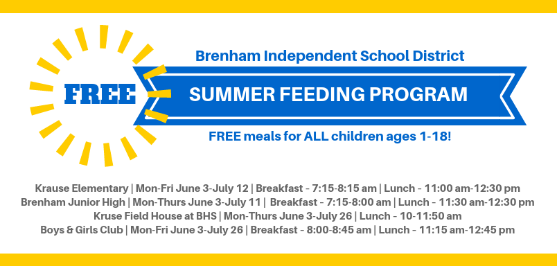 BrenhamISD's tweet photo. Don't forget to take advantage of the Brenham ISD Summer Food Service Program! All children and teens ages 18 and younger can come eat a healthy meal throughout the summer at no cost! #IChooseBrenham #BrenhamUnited @BISDFood https://t.co/fxih8SphRE