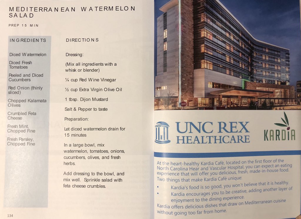 UNCHealthRex's tweet photo. Thanks to the @raleighchamber’s Leadership Raleigh group, the @PoeCenter CookWELL Kitchen has a new cookbook featuring healthy, affordable recipes, tips & tools including a juicy Mediterranean watermelon salad from #UNCREX chefs! #HealthyEating #community #givingback #LR38 https://t.co/zXLdjw4tKP