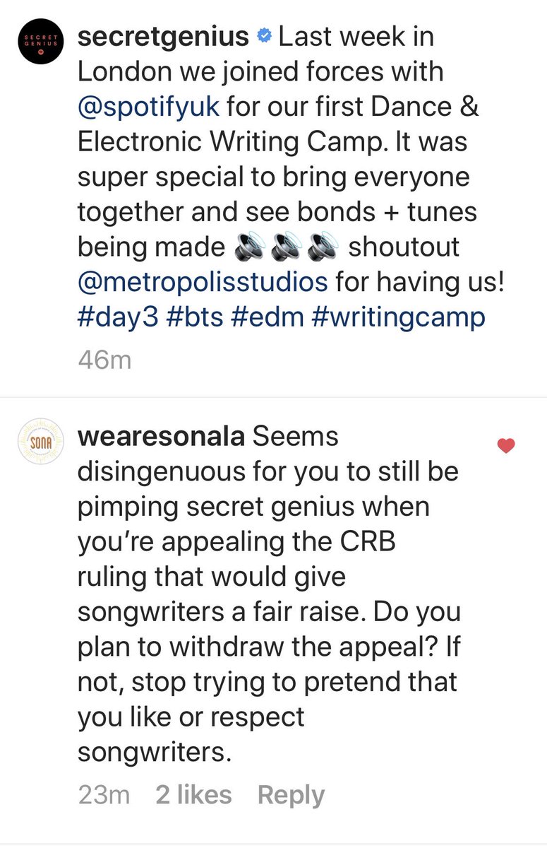 wearesona_'s tweet photo. Poor @Spotify can’t get songwriters in the US to participate in their phony outreach so they have to hold #SecretGenius writing camps overseas. I guess we’ll just expand our efforts. Go say hi on their IG! SPOTIFY IS STILL TRYING TO BLOCK A RAISE TO SONGWRITERS. #AskSpotifyWhy https://t.co/WcXLFlIhK5