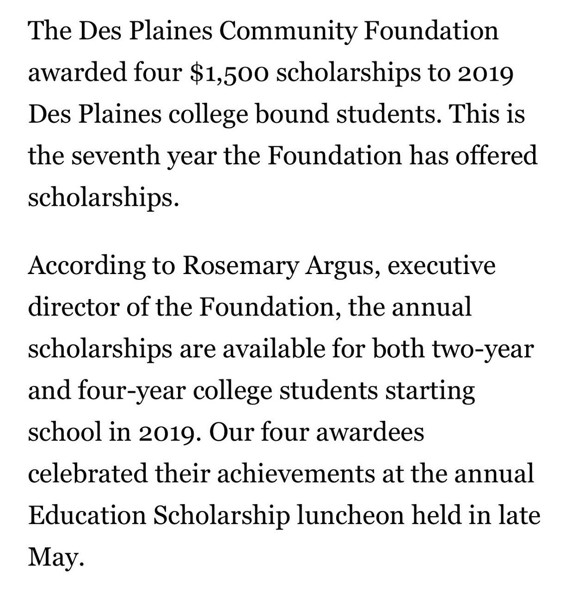 plaines_des's tweet photo. “Des Plaines Community Foundation Awarded Four $1,500 Scholarships for College Bound Students " https://t.co/eMsJAbSGFk https://t.co/uFNuPxydNS