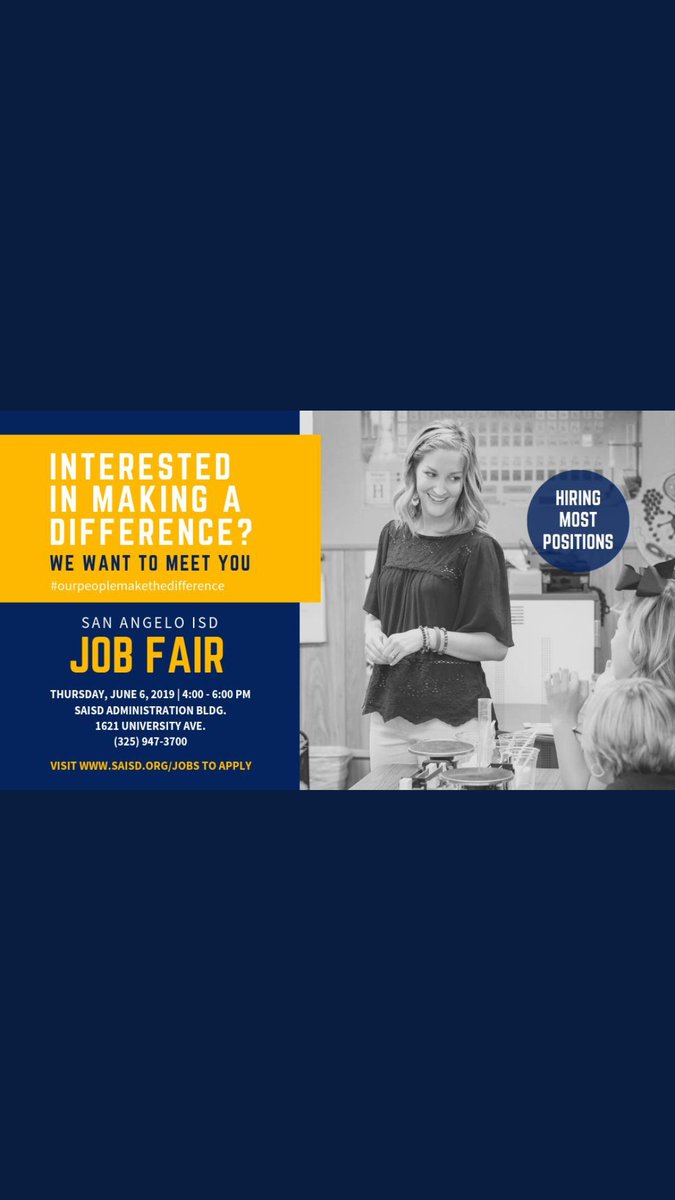 Interested in making a difference? We want to meet you.  Join us at the  <a href="/SanAngeloISD/">San Angelo ISD</a> Job Fair for all positions: teachers, nurses, instructional assistants, clerical staff, bus drivers, custodial staff, child nutrition staff, &amp; more! #ourpeoplemakethedifference <a href="/farrahgomez678/">Farrah Gomez, Ed.D.</a>