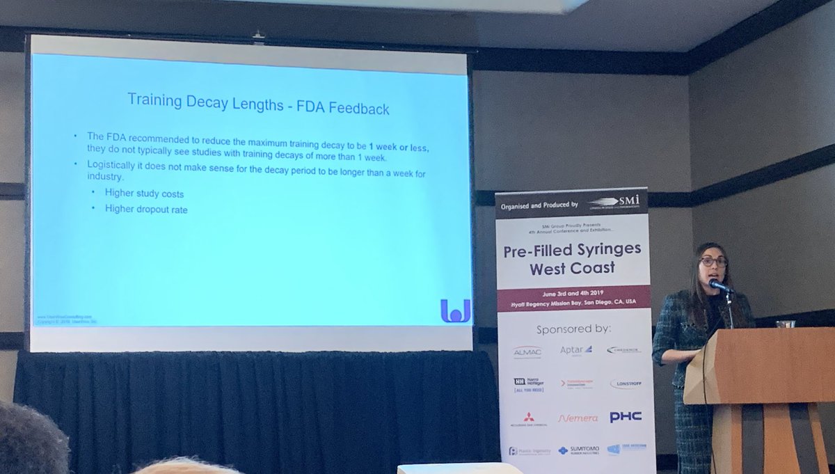 Interesting data from FDA about Training Decay for Human Factors Validation Studies presented by Shannon Clark at #SMiPFSUSA - max decay seen in filings is 1 week. #meddevice