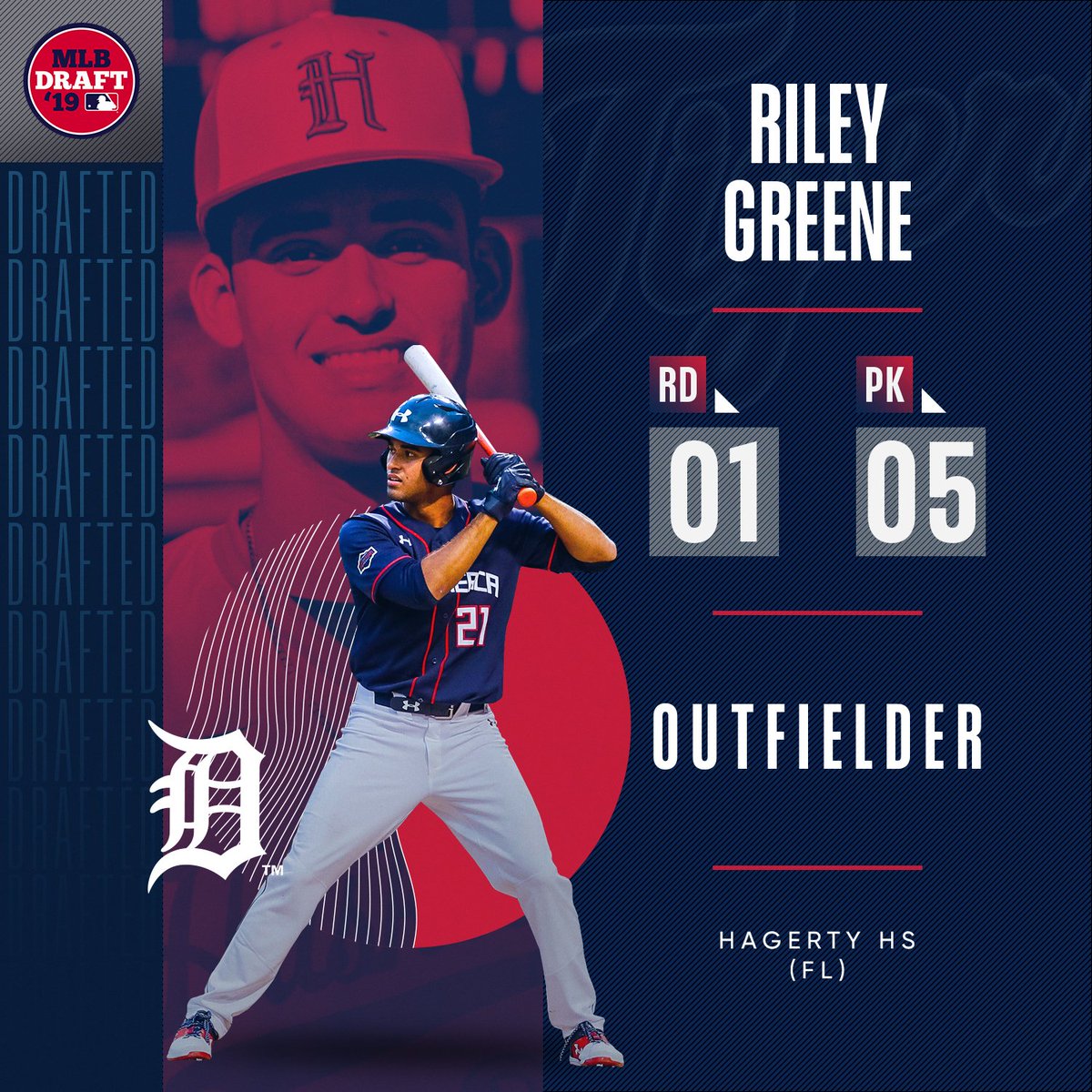 With the No. 5 overall pick in the 2019 #MLBDraft, the <a href="/tigers/">Detroit Tigers</a> select OF Riley Greene from Hagerty HS (FL).