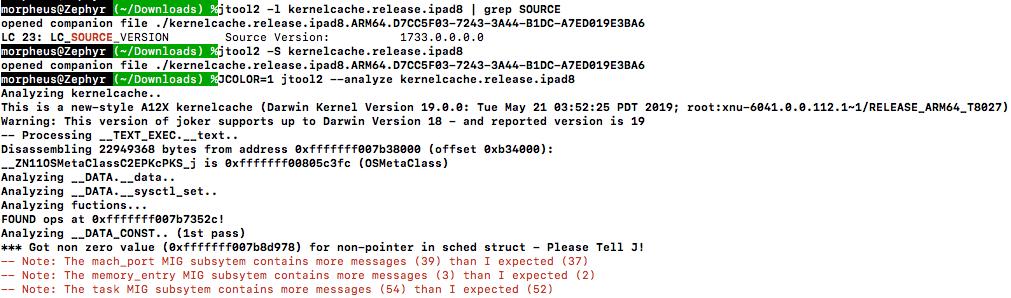 Morpheus______'s tweet photo. Wow! XNU-6041! 1733 is the new 1469 :-)
#Jtool2 finds "only" 3,315 symbols, but detects three new syscalls, several new mach_port, task and memory_entry MIGs, and a new MIG subsystem (8,000) - if you see these magically appear in IDA - know where they came from...
more soon! https://t.co/nbFz35rJRb