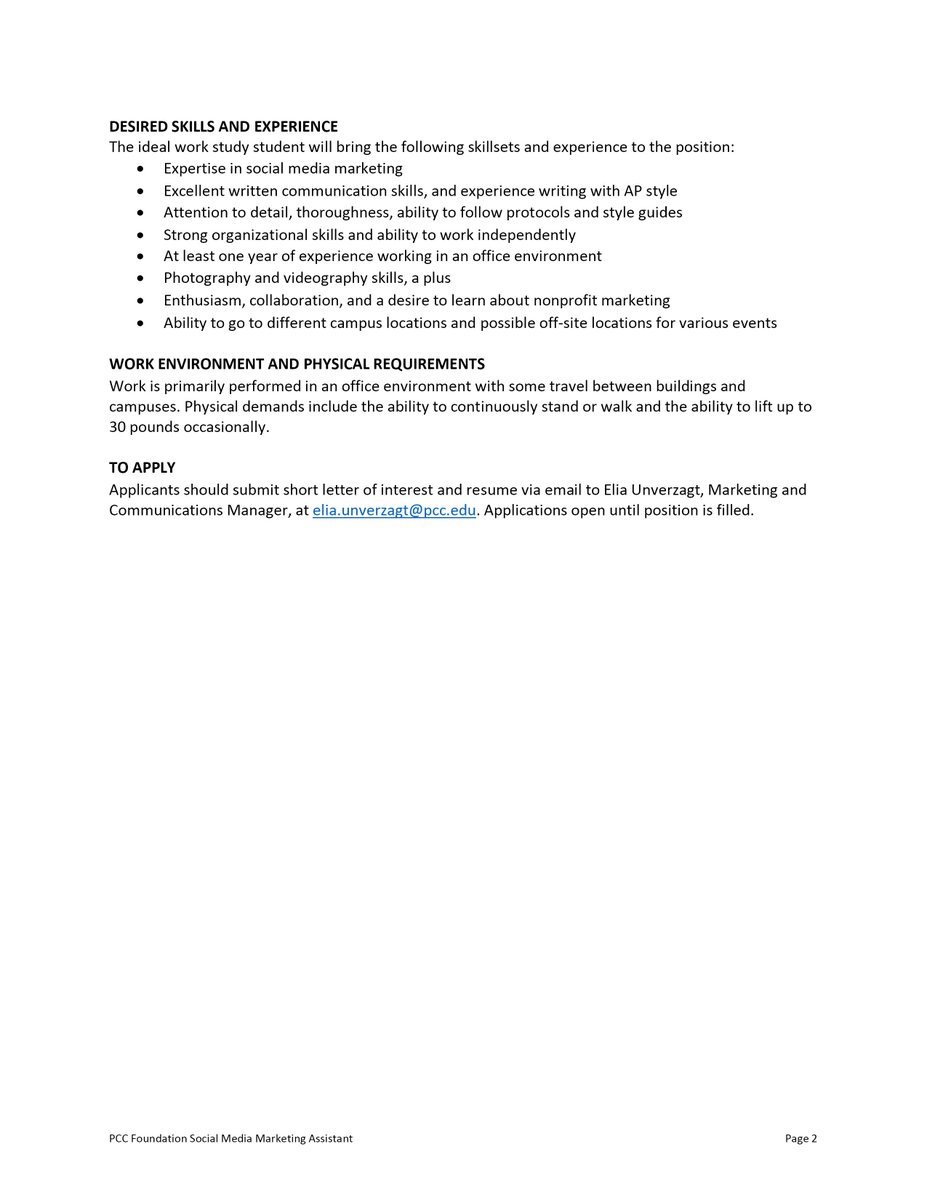 PCC_DSC's tweet photo. HIRING! The PCC Foundation is seeking a persons to fill a temporary role working with social media strategy! Description attached below! https://t.co/jFKQAnwVhF