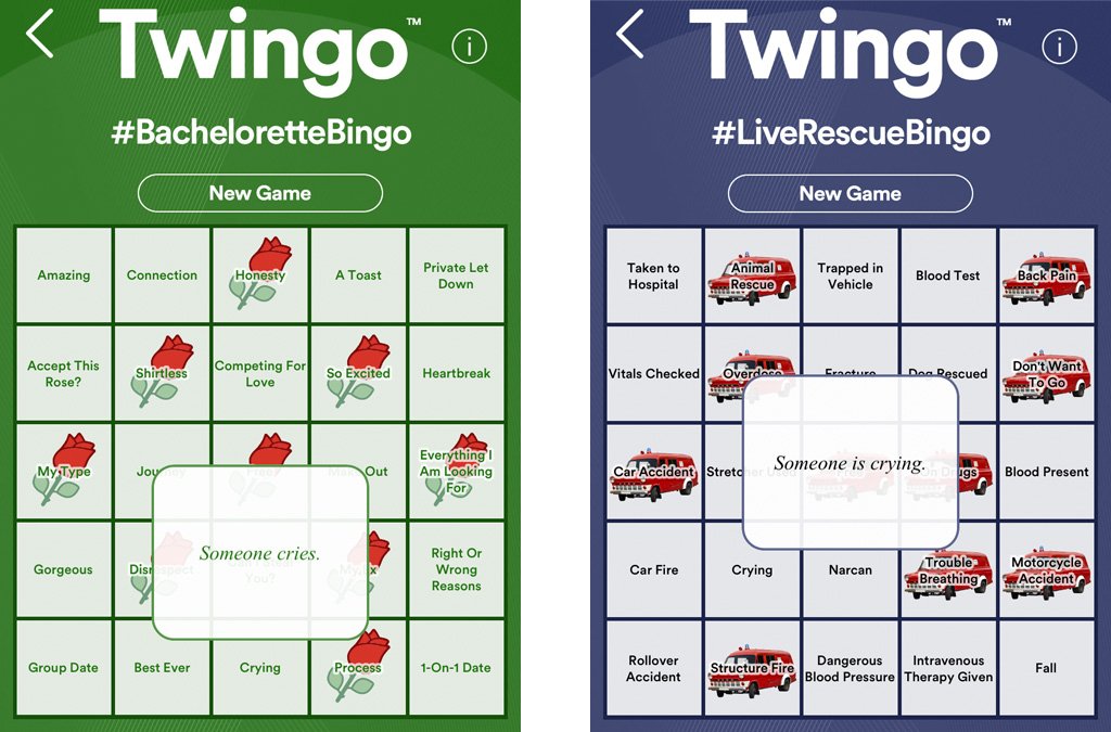 TwingoApp's tweet photo. Whether you’re watching #TheBachelorette or #LiveRescue (or both!) tonight, you could be playing Twingo #LiveTVBingo. Either way, there will probably be tears 😭 Get the free Twingo app at https://t.co/Vd0St9yRM4 https://t.co/oVCYj6TOPq