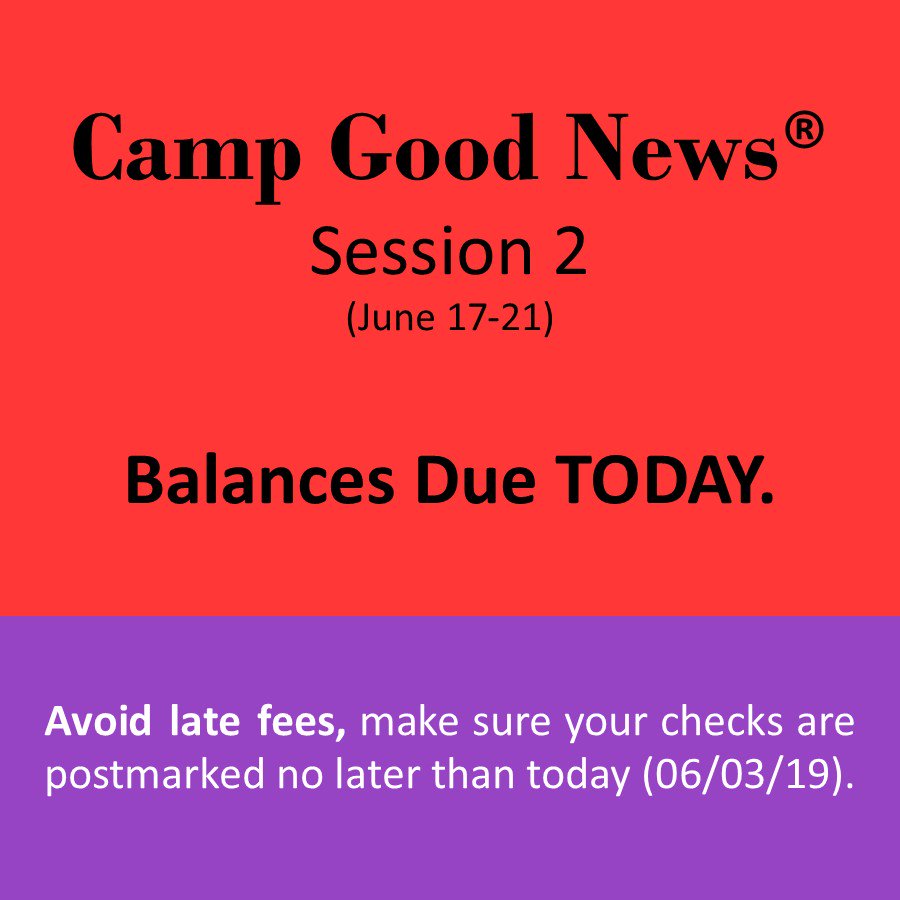 CEFSLOCounty's tweet photo. If you have a child attending our second session (June 17-21) of #CampGoodNews  this summer, this is a reminder that balances are due today.  If you  have any questions, please do not hesitate to give us a call.
 .
 #CGN2019 #CGN2019wk2 #CGNslo #CGNregistration https://t.co/5Hmf45VhvL