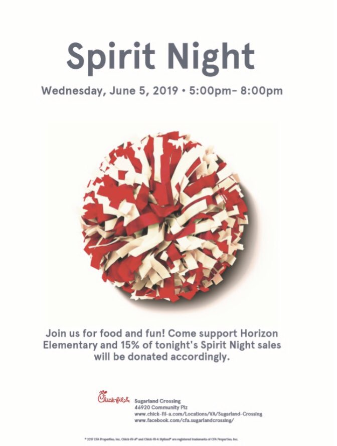 Come to our last spirit night of the year, this Wednesday at the Chick-fil-a at Sugarland Crossing!  Remember to let them know you are there for Horizon Spirit Night!!  Go Comets!!!