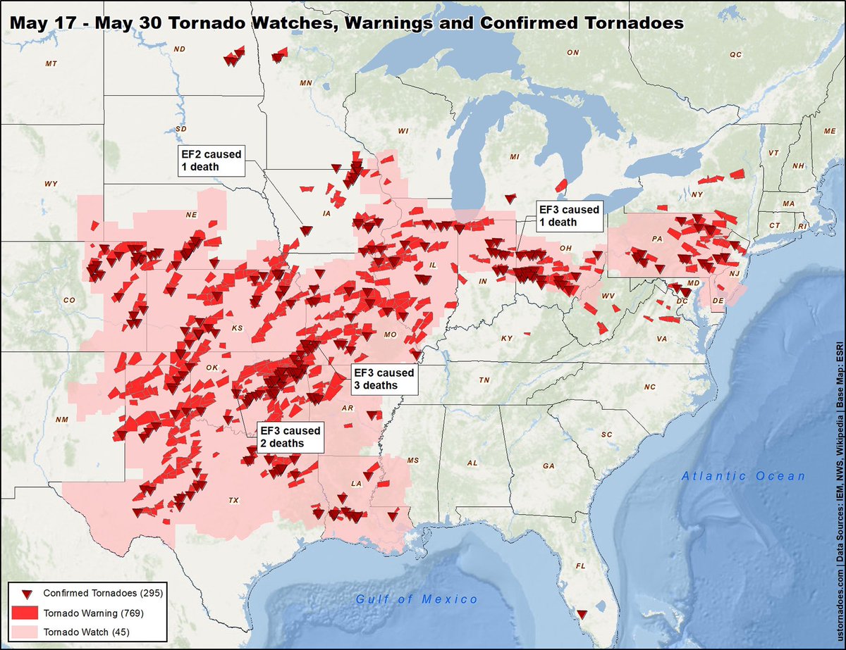 USTornadoes's tweet image. At least 295 tornadoes have been confirmed from the May 17-30 outbreak sequence. Back half of May 2019 now has more F/EF1+ than any other year in the modern record per prelim numbers. ustornadoes.com/2019/05/30/the…