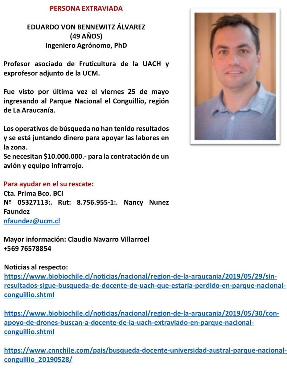 belen_sinnumero's tweet photo. Otro día sin noticias de #EduardovonBennewitz  muchos corazones trabajando y colaborando en tu búsqueda, mucha fe en nuestros corazones. Favor RT@Ejercito_Chile @ucatolicamaule @INFORMADORCHILE @CNNChile  @leonardofarkas @adnradiochile @sebastianpinera @aluksicc https://t.co/aJ0uw5w02F