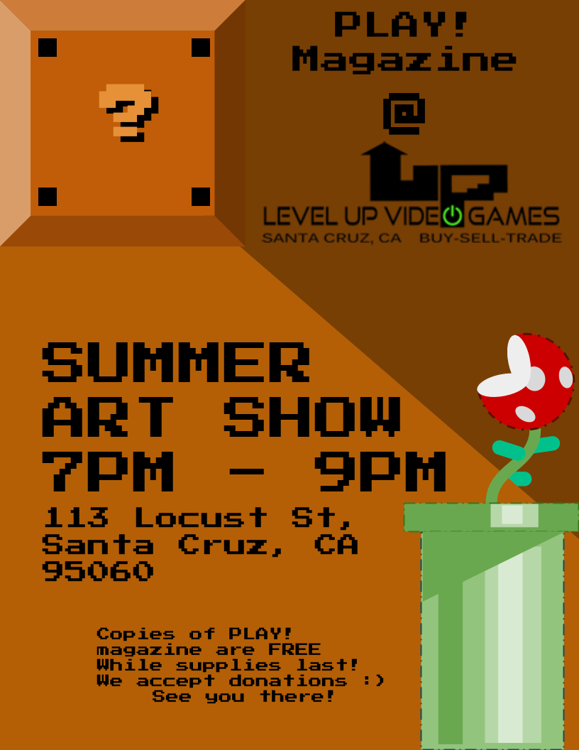 PLAYvisualarts's tweet photo. Excited to announce our first distribution event! THIS FRIDAY at @LevelUpStore our Editor in Chief will be tabling at their First Friday Summer Art Show! Stop by any time after 7pm to see our cool merch: 113 Locust St, Santa Cruz, CA 95060 https://t.co/0U4MEvmFJu
