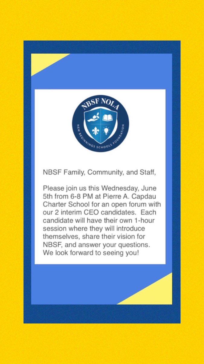 NBSFNOLA's tweet photo. Meet the interim CEO candidates Wednesday night! #nbsfnola https://t.co/OY8X7COQJg