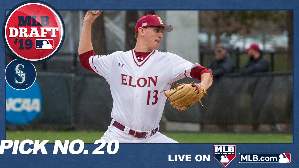 MLBDraft's tweet photo. With the 20th pick of the 2019 #MLBDraft, the @Mariners select @ElonBaseball RHP George Kirby: https://t.co/OHooNe2EPu https://t.co/wpfD4X3oKU