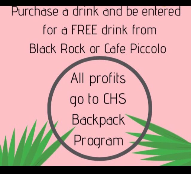 DECACamas's tweet photo. This Thursday, bring $1-$3 and purchase a drink during A or B lunch! By purchasing a drink, you have the chance to win a free drink from Black Rock or Cafe Piccolo. Not to mention, all profits will be given to the CHS Backpack Program! https://t.co/Scg9CY8gzi
