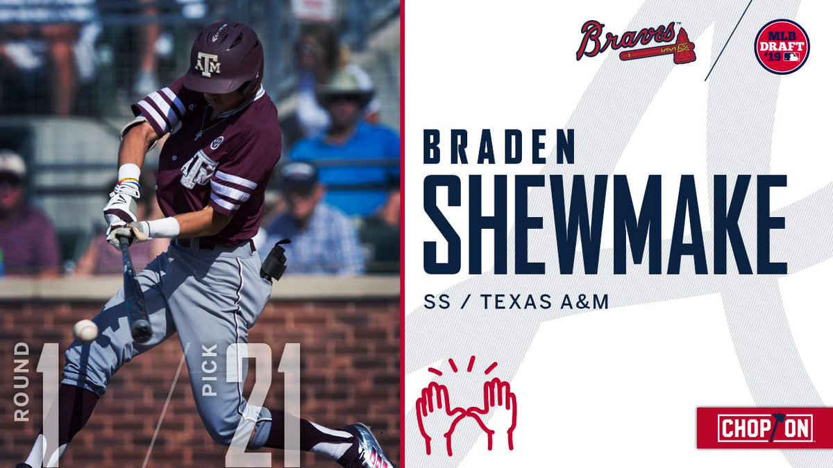Braves's tweet photo. With the 21st pick in the 2019 #MLBDraft, the Atlanta Braves select @AggieBaseball shortstop Braden Shewmake.

Welcome to Braves Country, @bradenshewmake!

#ChopOn https://t.co/9c8imiqmpF