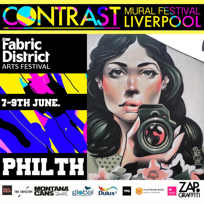 contrastmural's tweet photo. This weekend! The super talented PHILTH joins many more artists to transform the streets of the  @fabdistrictuk 7-9th June. #FDartsfest as #contrastmuralfest returns! @zapgraffiti with support from @TapestryLpl @AwesomeLPL @MontanaCansUK @GlobalArtSup1 Stay tuned! https://t.co/8U02j5VWh3