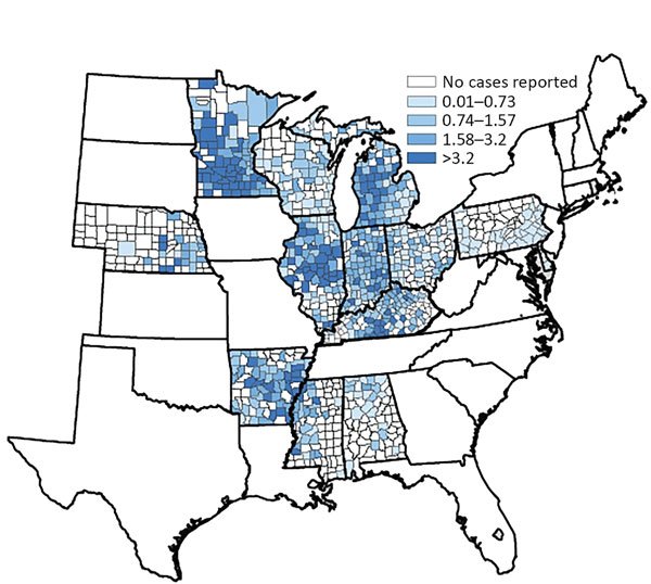 County-specific histoplasmosis incidence (no. cases/100,000 population)