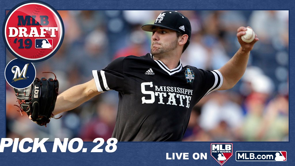 MLBDraft's tweet image. With the 28th pick of the 2019 #MLBDraft, the @Brewers select @HailStateBB LHP Ethan Small: atmlb.com/2XeTRmb