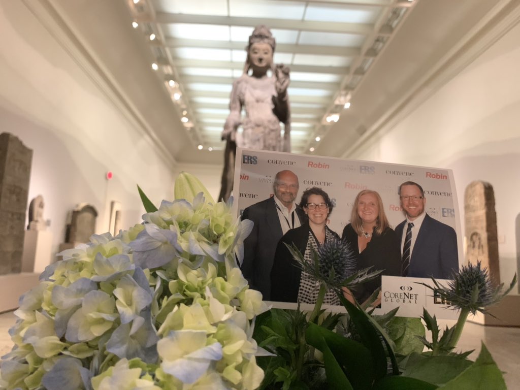 JennTaranto's tweet photo. The end of a lovely @CoreNetERS day - at the @mfaboston with my @StructureTone colleagues, fellow @CoreNetGlobal members, and Guanyin, Bodhisattva of Compassion. Thanks to sponsors @Convene and @robinpowered! #CoreNetERS19 #ERSTheFutureIsNow https://t.co/cIX7P5NVrv