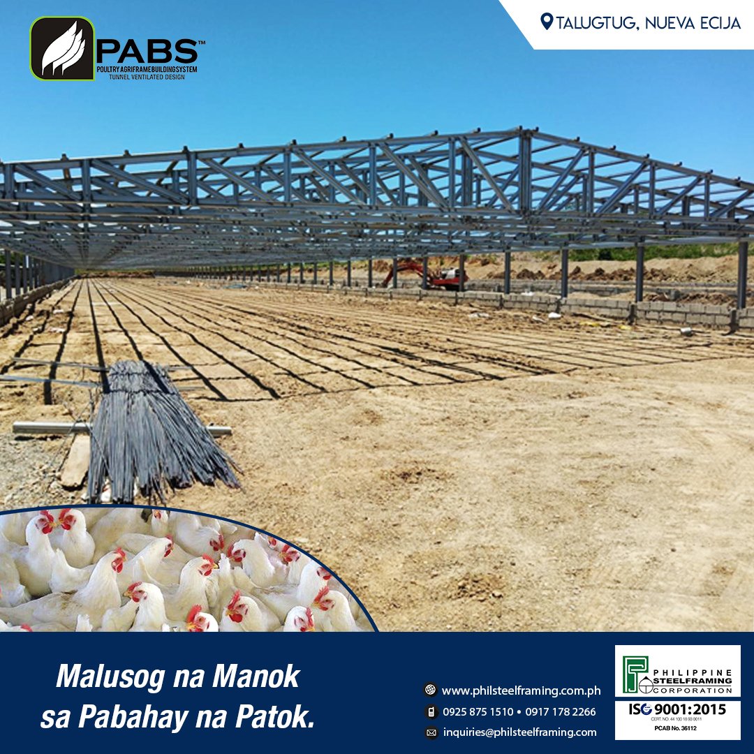 PhSteelFraming's tweet photo. Fast poultry building construction?
Mag PABS  ka na!
In just 60 days meron ka ng sariling poultry building.

Here are progress photos of our PABS project in Nueva Ecija.

#PABS #PSC #Agriculture #Agriframe #PrefabPoultryBuilding #PoultryBuilding #PrefabBuilding #PoultryHouse https://t.co/rnEx8qVBBV