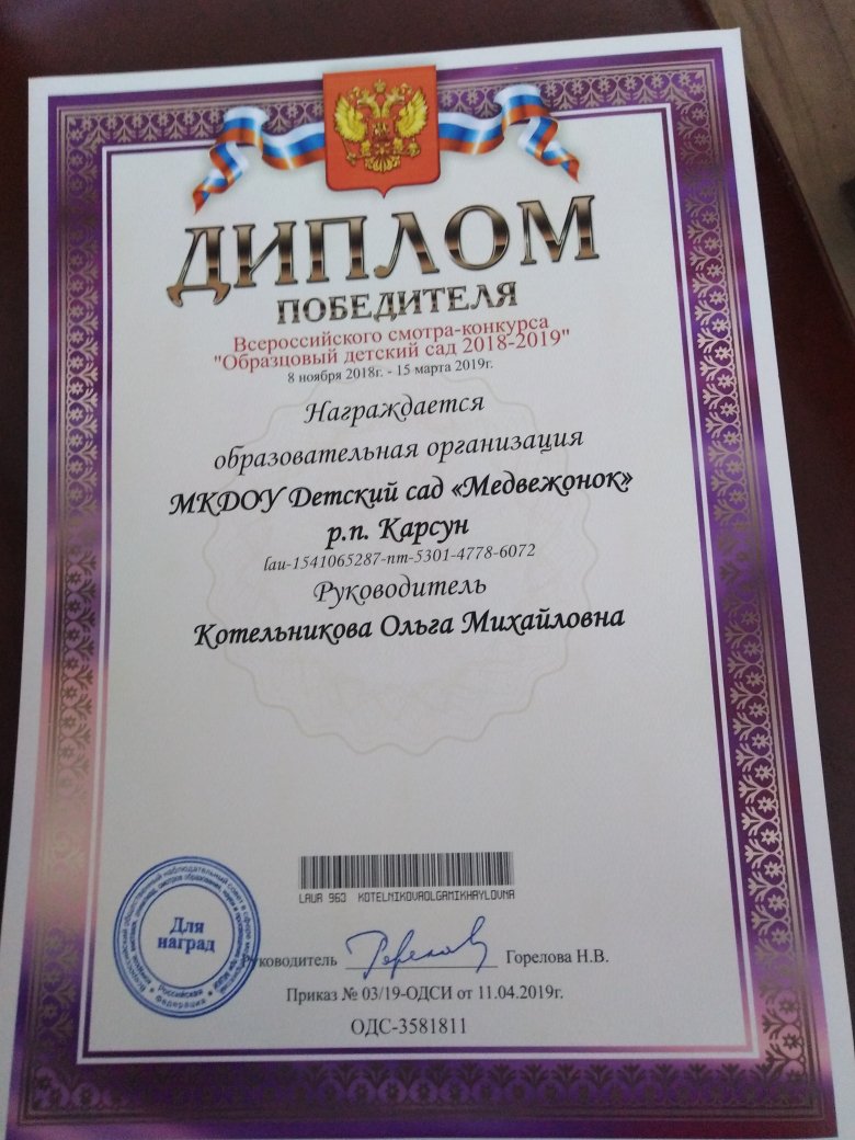МКДОУ детский сад "Медвежонок" р. п. Карсун (заведующая О. М. Котельникова) стал победителем Всероссийского смотра-конкурса "Образцовый детский сад 2018-2019".