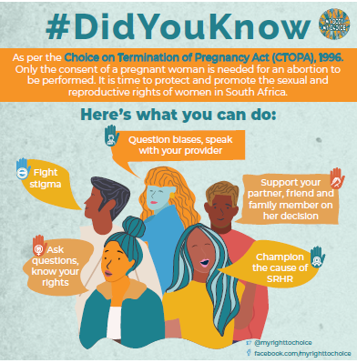 myrighttochoice's tweet photo. #DYK #CTOPA is one of the most progressive abortion laws
in the world? #ReproductiveJustice #SafeAbortionSavesLives
#RightToChoose @AmnestySAfrica @GenderLinks @HealtheNews @IbisRH @IpasOrg @MarieStopes_SA @MSF_southafrica @Nalane4RJ @SECTION27news https://t.co/8BcaJN6u02